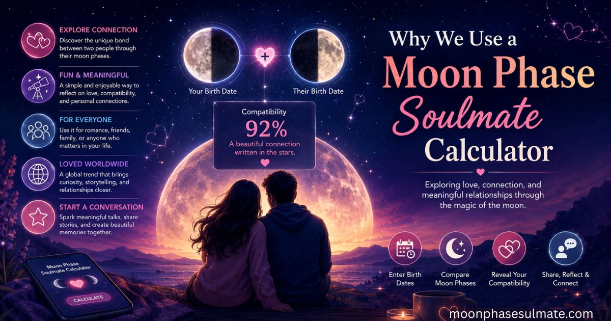 Romantic moon phase soulmate calculator feature image showing a couple under a glowing full moon, comparing birth date moon phases to explore compatibility, love, relationships, and meaningful connections through lunar phase matching.