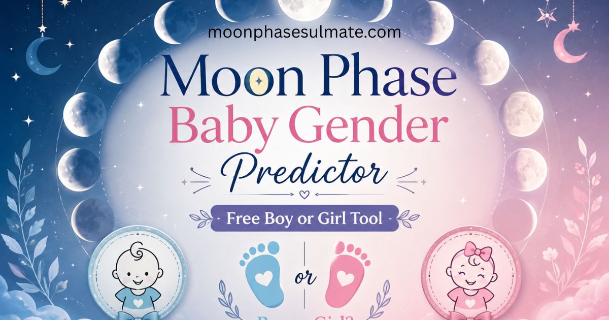 Moon Phase Baby Gender Predictor free tool feature image with moon phases, baby boy and girl icons, and a dreamy blue and pink celestial background.